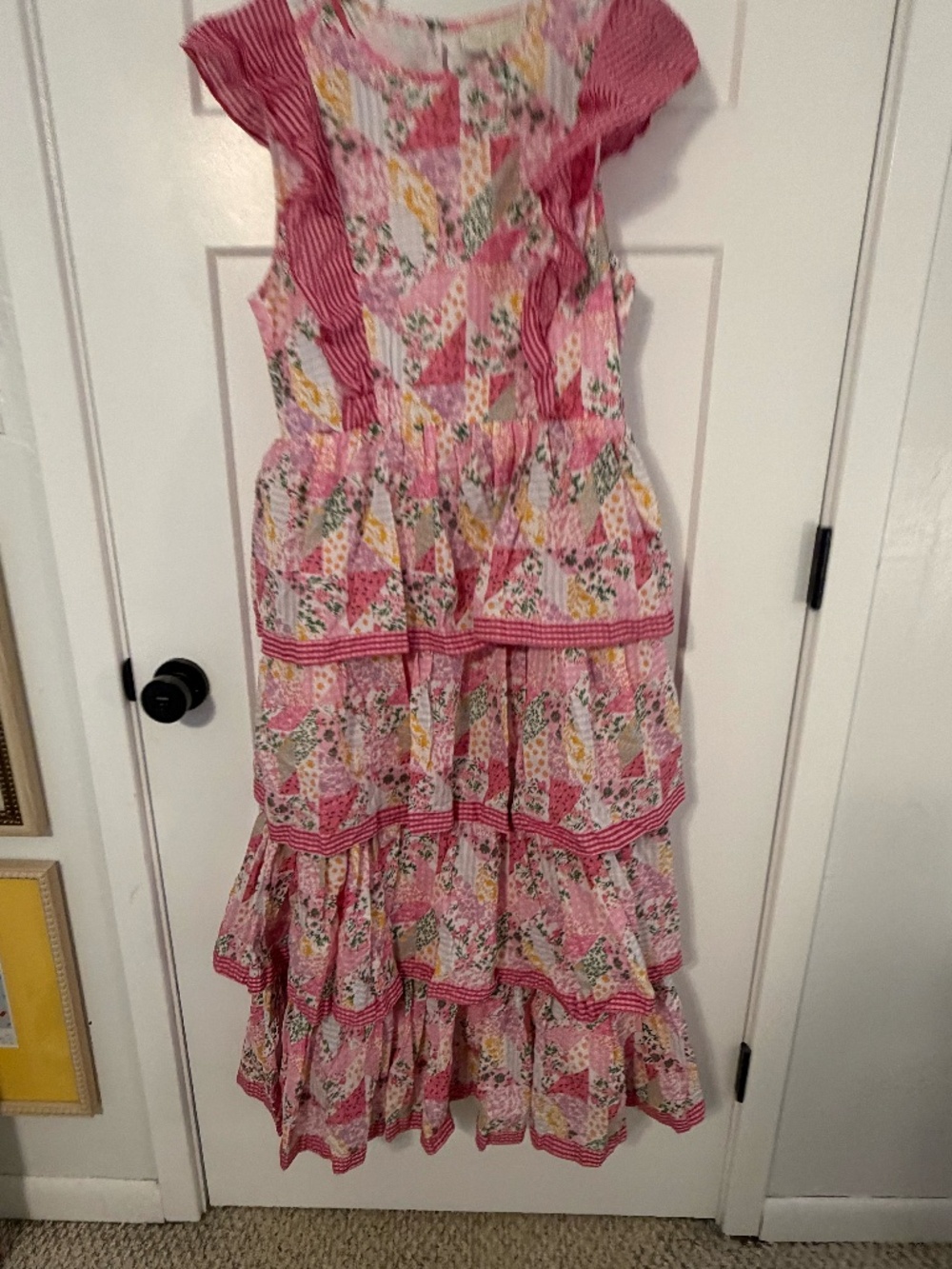 Simply Southern Patchwork Tiered Maxi Dress M Pink Cotton Ruffle Sleeveless NEW